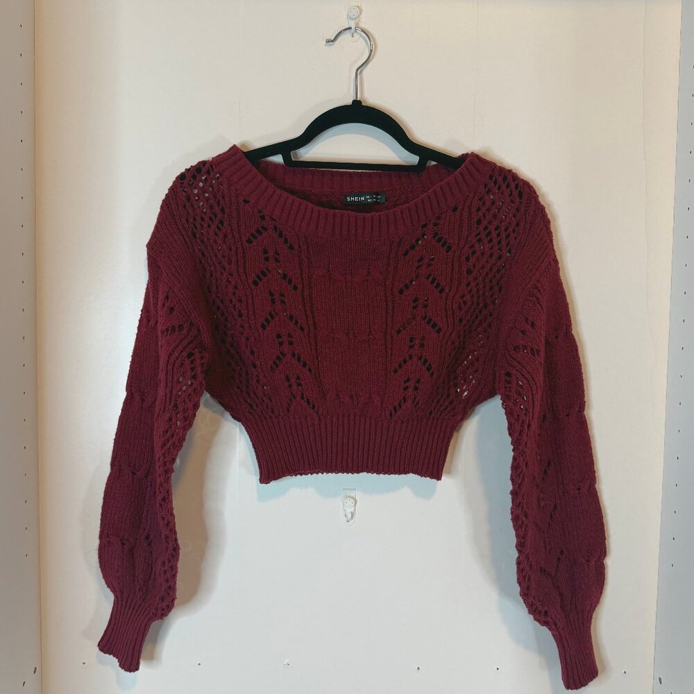 SHEIN Wine Ribbed Cropped Long Sleeve Top – Size Small